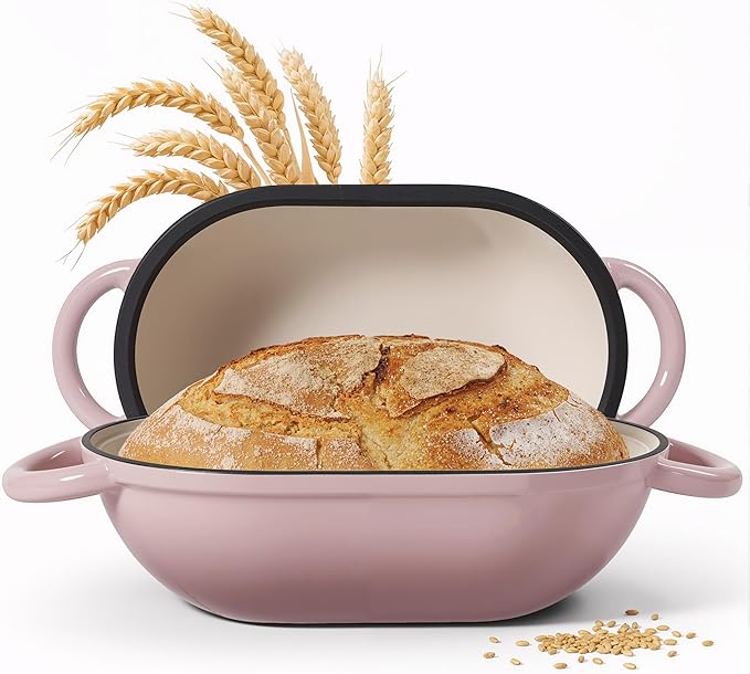 3 QT Oval Dutch Oven for Bread Baking, Enamelled Cast Iron Bread Oven for Sourdough, Sourdough Loaf Pan with Lid, Heavy-Duty Non Stick Bread Pan for Homemade Bread Baking, Pink