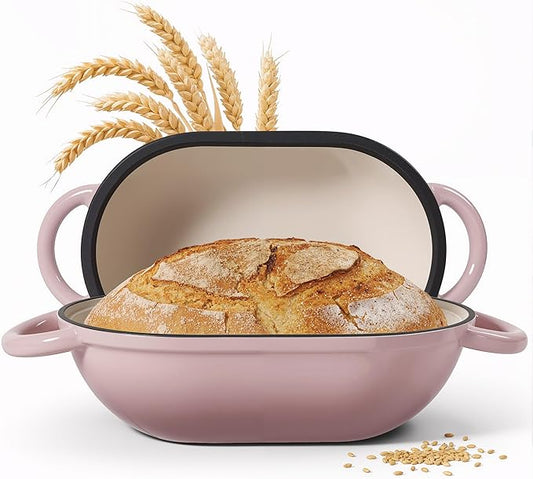 3 QT Oval Dutch Oven for Bread Baking, Enamelled Cast Iron Bread Oven for Sourdough, Sourdough Loaf Pan with Lid, Heavy-Duty Non Stick Bread Pan for Homemade Bread Baking, Pink