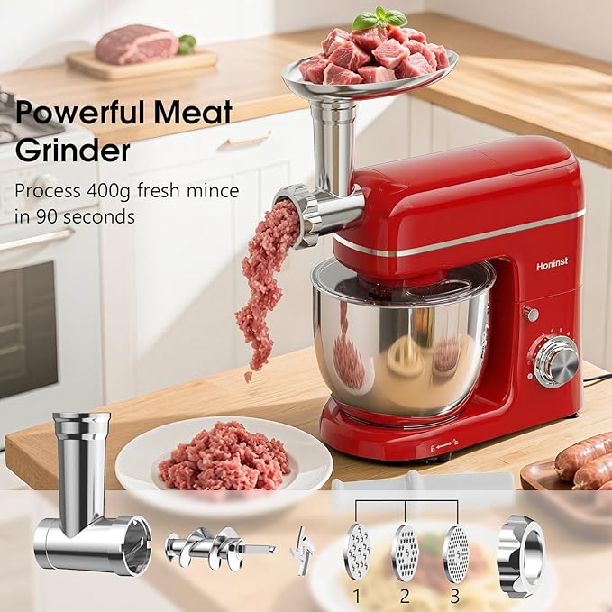 Stand Mixer, 7-IN-1 6.5QT 660W Multifunctional Electric Kitchen Mixers with Blender, Meat Grinder, Dough Hook, Whisk and Beater, 8-Speed Food Mixer for Baking, Cooking, Food Processing, Red
