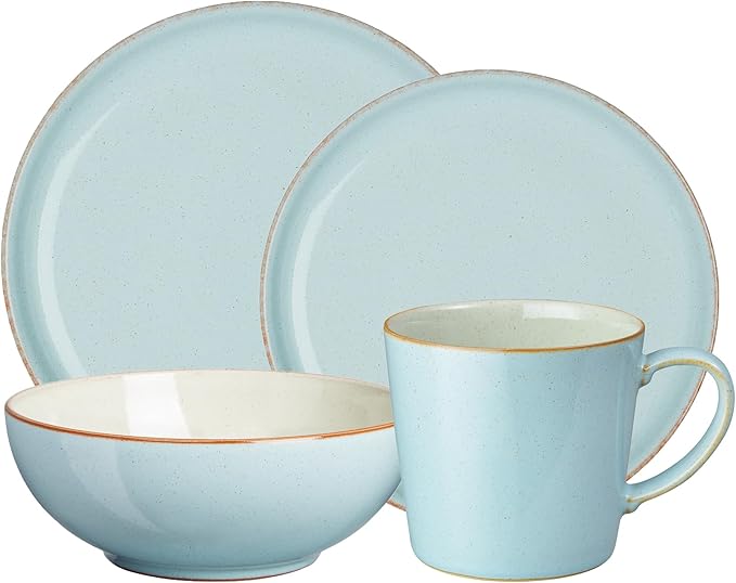 Denby - Heritage Pavillion Coupe 4 Piece Dinner Set For 1 - Blue Ceramic Stoneware Tableware - Dishwasher & Microwave Safe - Scratch Chip Resistant - 1 x Dinnerware Plates, Side Plates & Cereal Bowl