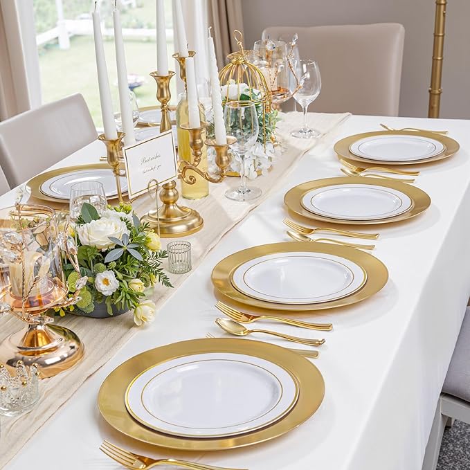 WDF 12Inch Plastic Charger Plates - 25Pack Gold Charge for Dinner - Disposable Gold Charge Plates - Perfect for Dinner/Wedding Party/Elegant Tabletop Decor