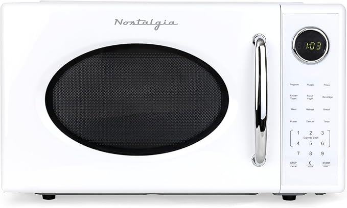 Nostalgia Retro 1000W Microwave Oven 1.1 Cu Ft Capacity ??Child Safety Lock, 8 Auto-Cook Settings ??Countertop Kitchen Appliance ??White