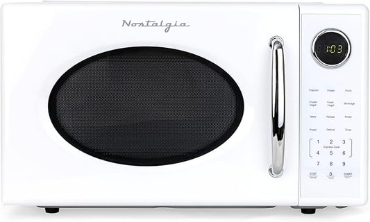 Nostalgia Retro 1000W Microwave Oven 1.1 Cu Ft Capacity ??Child Safety Lock, 8 Auto-Cook Settings ??Countertop Kitchen Appliance ??White
