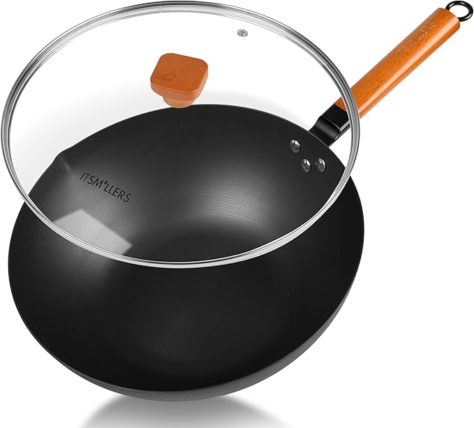 12.5-Inch Carbon Steel Wok with Lid ??Pre-Seasoned Flat Bottom Stir-Fry Pan, Nonstick Wok for Induction, Gas, Electric & All Stovetops ??Chinese Wok with Glass Lid