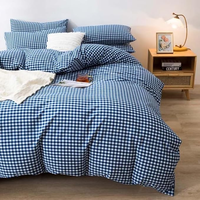 LifeTB Gingham Comforter Set Full 3 Pieces Royal Blue Grid Plaid Comforter Set Soft Fluffy Checkered Pattern Comforter with 2 Pillowcases Farmhouse Gingham Bedding Comforter Full Size for All Season