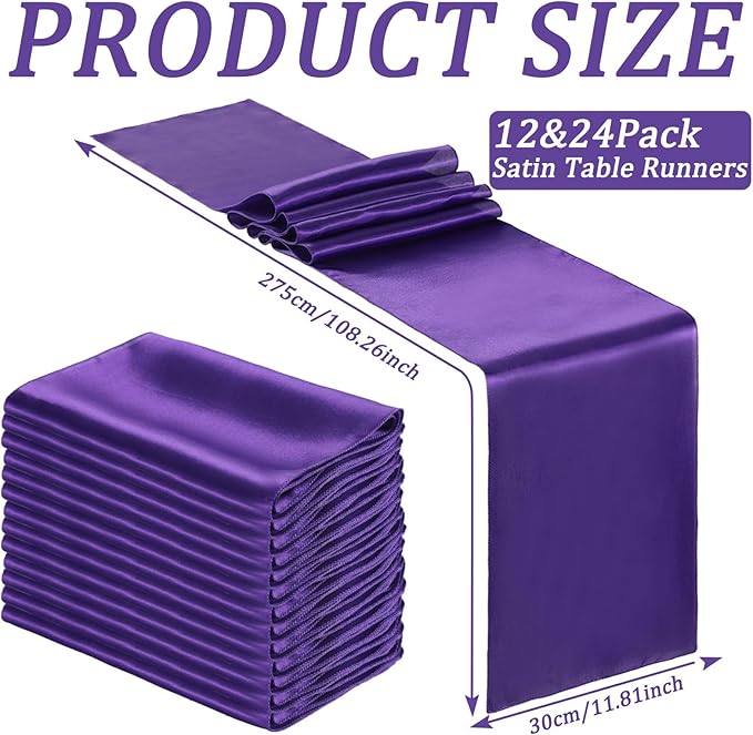 Bencailor 24 Pcs Purple Satin Table Runner Bulk 12 x 108 Inches Long Table Runners Bright Smooth Fabric Tablecloth for Wedding Banquet Birthday Valentines St Patrick's Day Party Decorations
