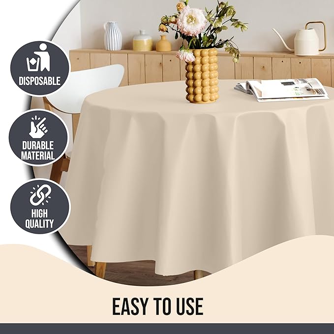 Party Solids 12-Pack Ivory Round Plastic Tablecloth Disposable ??Size: 70 Inches ??Round Plastic Table Cloths for Parties, Picnics & Formal Events