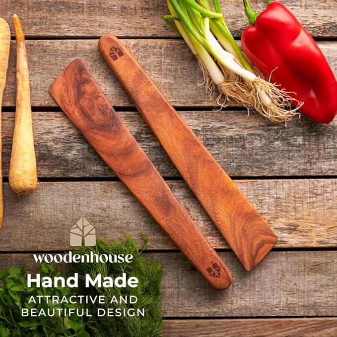 Wooden Spatula for Cooking Set of 2 ??12 Inch Teak Spatula Turner & Flipper for Cast Iron, Flat Egg & Pancake Scraper ??Utensils by Woodenhouse - White Elephant Gift ideas, Kitchen Gifts for Women Men