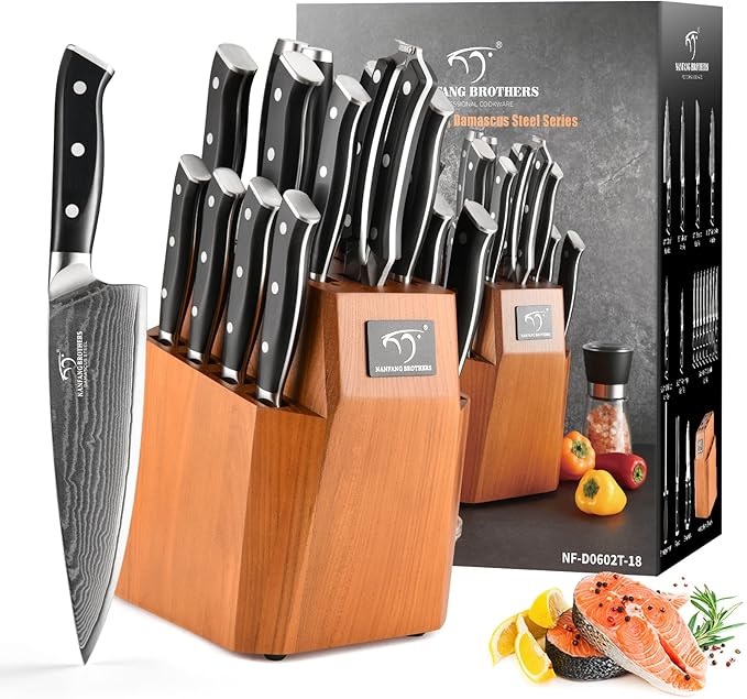 Kitchen Knife Set, 18-Piece Damascus Kitchen Knife Set with Block, ABS Ergonomic Handle for Chef Knife Set, Knife Sharpener and Kitchen Shears, Knife Block Set