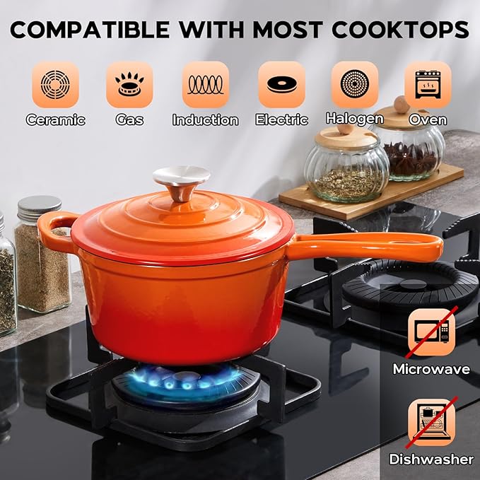 Onader 2 Quart Saucepan with Lid, Enameled Cast Iron Sauce Pan, Small Cooking Sauce Pot, Enamel Dutch Oven Pot Nonstick ??Sunset Orange