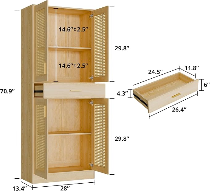 Cozy Castle Kitchen Pantry Cabinet, 71" Tall Rattan Doors Storage Cabinet with Large Drawer and Adjustable Shelves, Freestanding Rattan Pantry Cabinets for Kitchen, Dining Room, Living Room, Oak