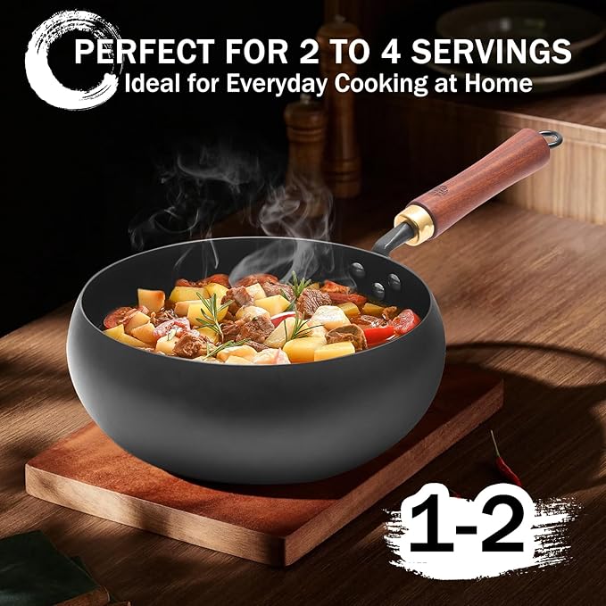 WANGYUANJI 9.5-Inch Iron Wok Pan with Lid & Spatula, Deep Flat-Bottom Stir Fry, Uncoated & Unseasoned, Induction Compatible, Upgraded Wooden Handle