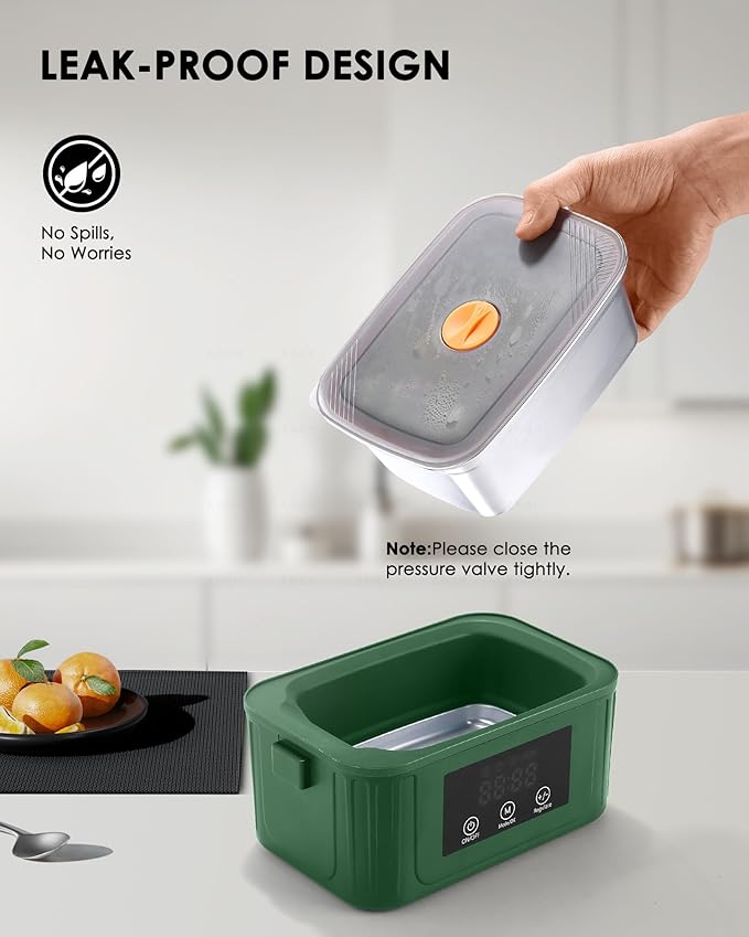 Aurevit Cordless Electric Lunch Box for Adults, 1.4L Heated Lunch Box for Men with Smart Meal Scheduling & Auto Keep Warm, Portable Food Warmer for Car with Insulated Bag, Ice Pack (Brewster Green)
