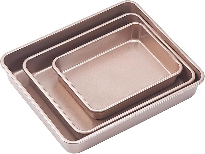 CAMOFOXIN Nonstick Roasting Pan, Deep Baking Pan Set, Large Cake Pan Sets for Oven, 3-Piece Brownie Pan （Gold）