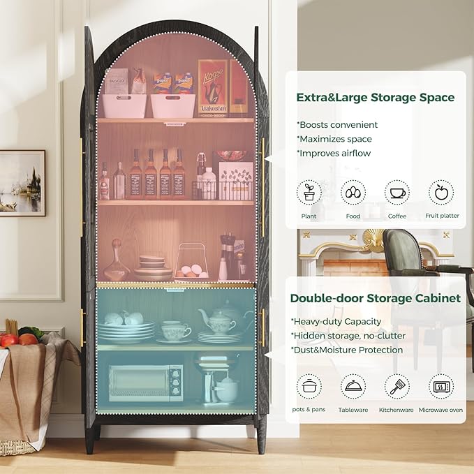 71?쒪rched Kitchen Pantry Cabinet, Stylish Arched Bookcase & Multi-Use Storage Cabinet with Glass & Rattan Doors, Ideal as Kitchen Pantry, Living Room Display, or Entryway Organizer ??Black