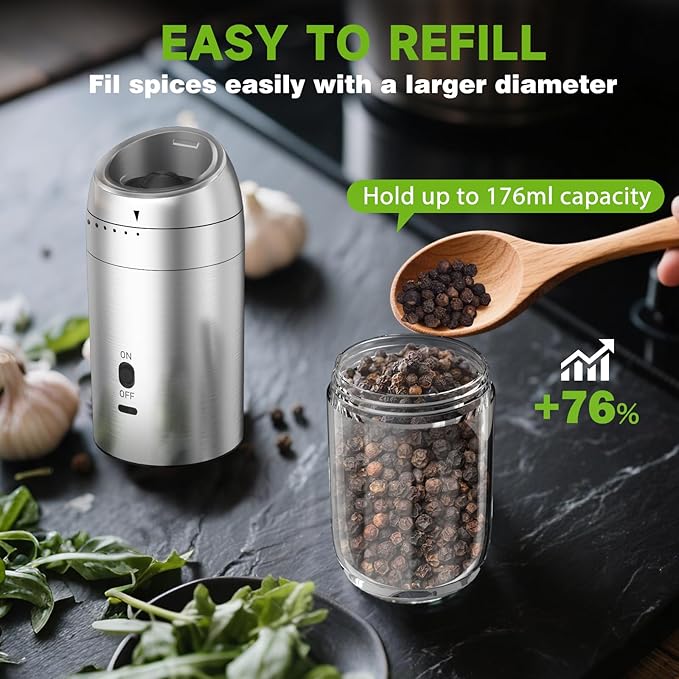 Gravity Salt and Pepper Grinder Set, Electric Salt and Pepper Grinder, Refillable Pepper Mill with Adjustable Coarseness & LED Light, Upgraded Large Capacity Rechargeable Pepper Grinders for Kitchen