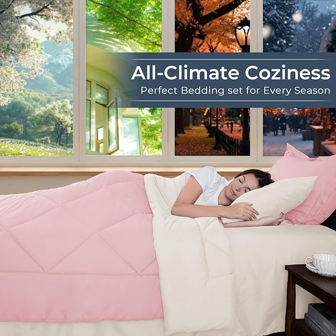 HEVUMYI King Comforter Set - 7-Piece All Season Bed in a Bag King, Ultra Soft Bedding Set with Comforter, Flat Sheet, Fitted Sheet, Pillowcases, Pillow Shams, Pink & Ivory