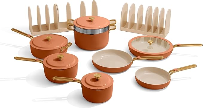 Our Place 17-Piece Essentials Complete Cookware Set - Ceramic Fry Pans, Saucepans, Saut챕 Pan, Stock Pot, Strainer Basket & Modular Storage | Thermakind??Nonstick, Oven Safe up to 450째F | Terracotta