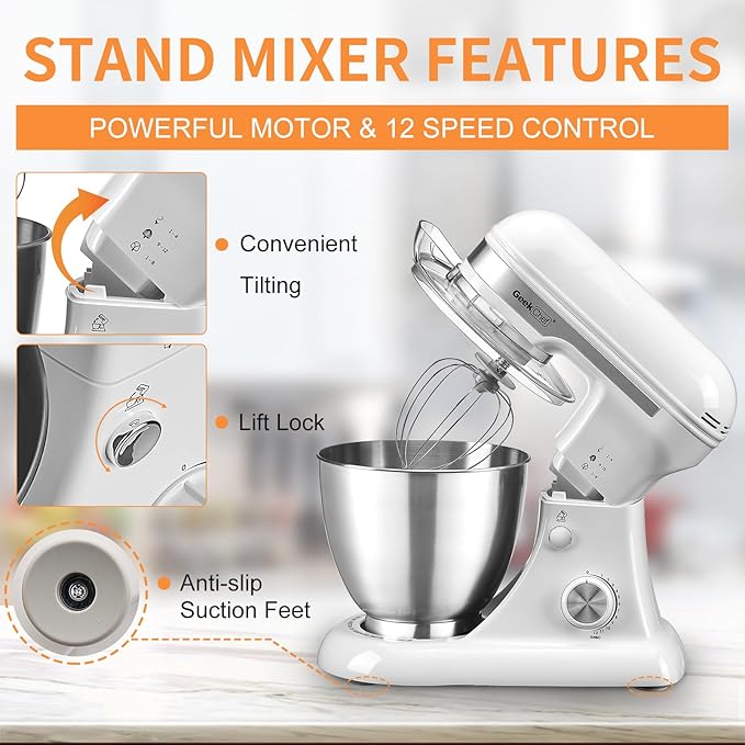 Geek Chef 3-IN-1 Stand Mixer, 4.8QT, 12 Speeds Tilt-head Food Mixer with Dough Hook, Whisk, Beater and Digital Scale with App, White