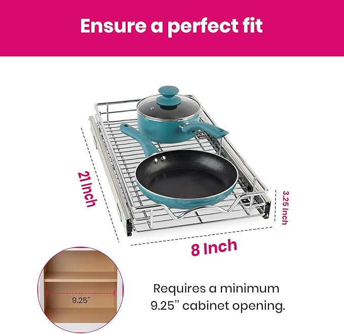 HOLDN??STORAGE Pull Out Cabinet Organizer, Heavy Duty Caddy w/Lifetime Limited Warranty - 8?쓂 x 21?쒭 - Requires At Least 9-1/4??Cabinet Opening, Steel Metal Cabinet Drawers Slide Out, Chrome