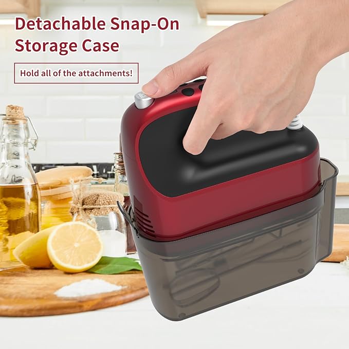 9-Speed Digital Hand Mixer Electric, 400W Powerful DC Motor, Baking Handheld with Snap-On Storage Case, 5 Stainless Steel Accessories, Flat Beaters, Dough Hooks, Whisk(Red)