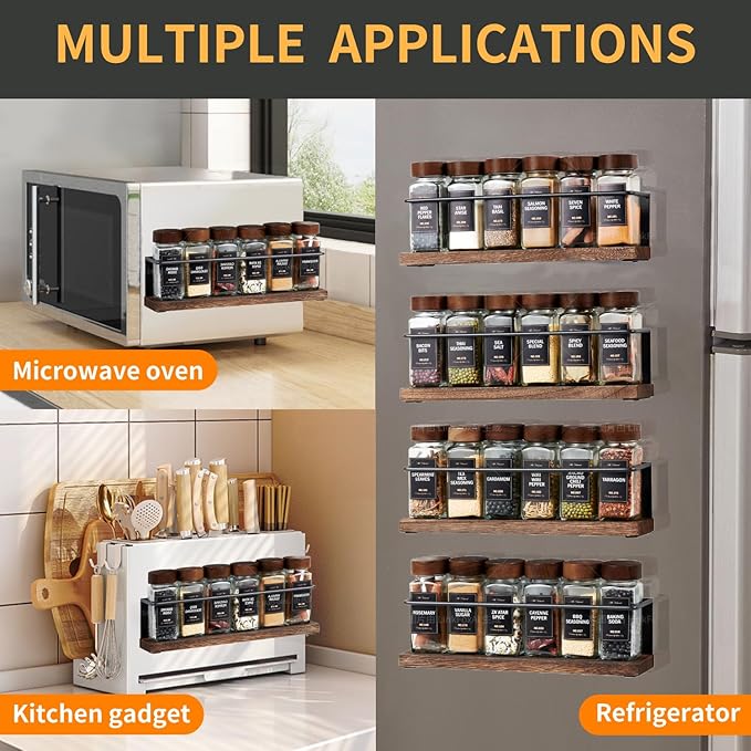 Wooden Lid Magnetic Spice Rack with 24 Jars, 216 Labels, 1 Steel Funnel for Refrigerator竊똌icrowave Oven - Full Set of Spice Organizer