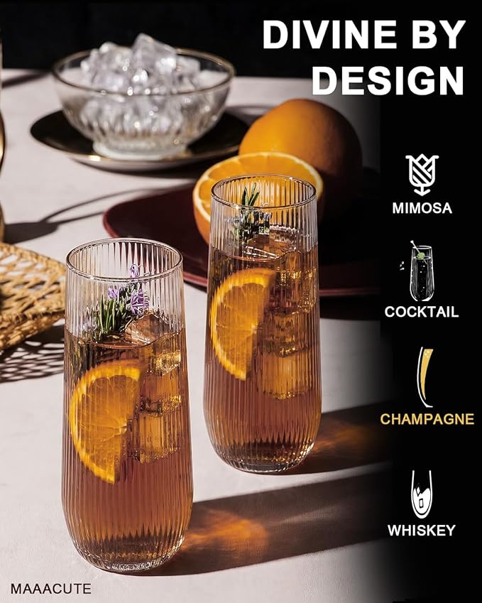 24 Pcak Ribbed Champagne Flutes Plastic, 9 Oz Disposable Stemless Mimosa Toasting Glasses, Clear Crystal Plastic Cocktail Cups for Party Wedding Birthday (Origami Ripple)