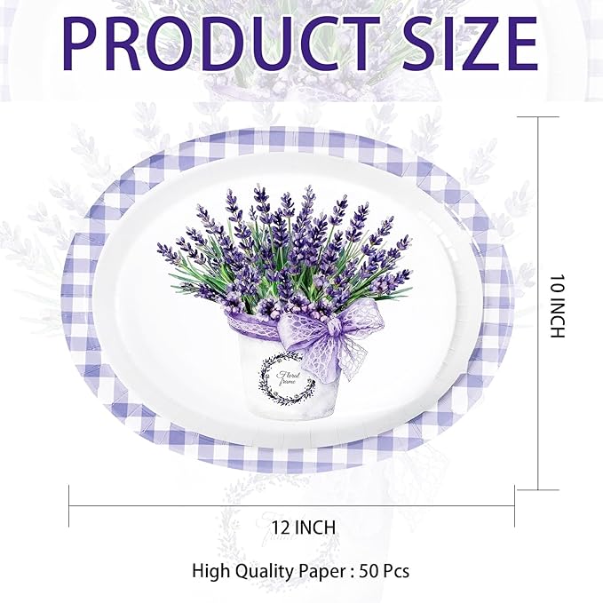 50 Pcs Purple Lavender Gingham Oval Paper Plates 10" x 12" Large Disposable Spring Purple Lavender Floral Heavy Duty Paper Platters Lavenders Theme Plates for Wedding Baby Shower Party Supplies