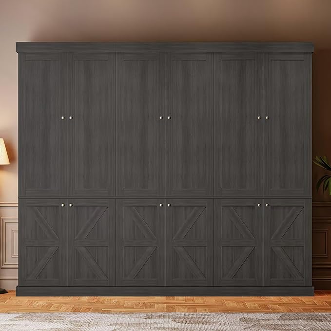 Vyre 70.8" Tall Bookshelf with Doors, Farmhouse Modular Bookcase with 4-Tier Adjustable Shelves, Large Storage Cabinet for Home Office, Living Room, Black, Set of 2