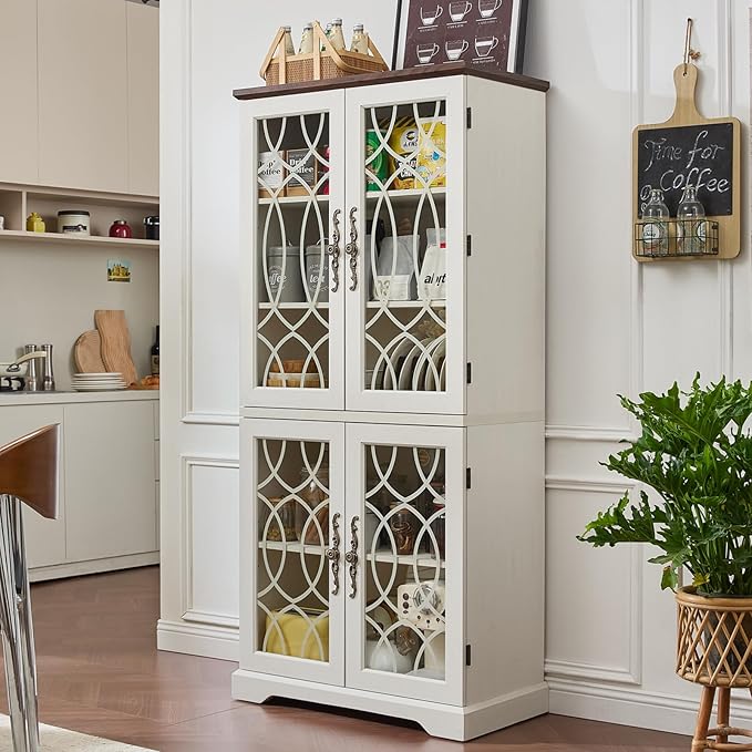 67" Tall Pantry Cabinet Set of 2, Vintage Kitchen Pantries Cabinets with Glass Doors & Adjustable Shelves, Wood Cupboard with Large Storage for Dingning Room, Bathroom, Antique White