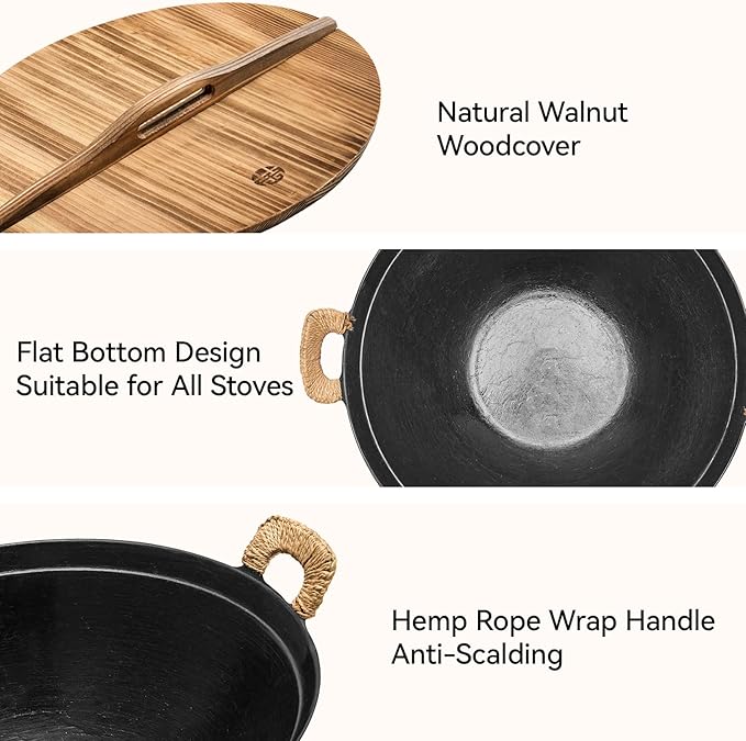 WANGYUANJI Handmade Cast Iron Wok 14.2 inch Large Woks Stir-Fry Pans with Dual Handle,Fry Pan Suitable for Induction, Electric, Gas, Halogen All Stoves-Black,Uncoated Craft Pot Healthy Cooking Wok
