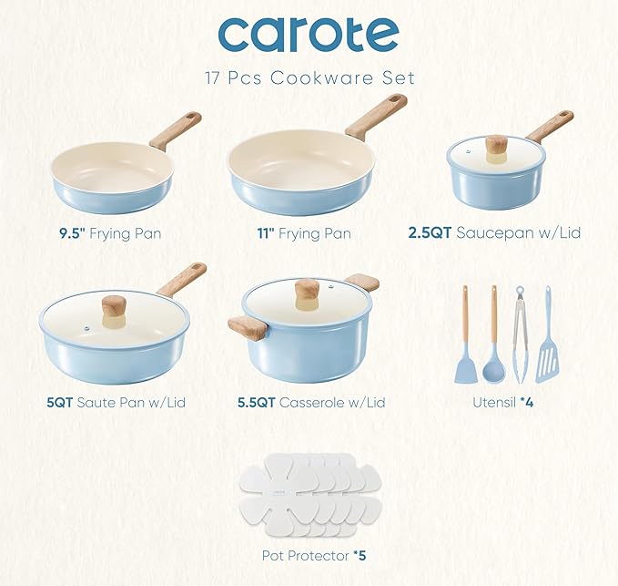 CAROTE 16pcs Ceramic Cookware Set, Pots and Pans Non Stick Kitchen Cookware Sets, Pots and Pans Set Cooking Set with Knife Set