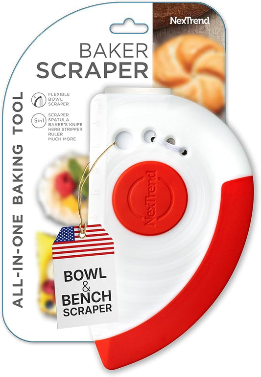 Nextrend BakerScraper ??5-in-1 Flexible Bowl Scraper, Bench Scraper and Dough Scraper with Stainless Steel Edge, Ruler & Herb Stripper ??BPA Free, Dishwasher Safe - Red