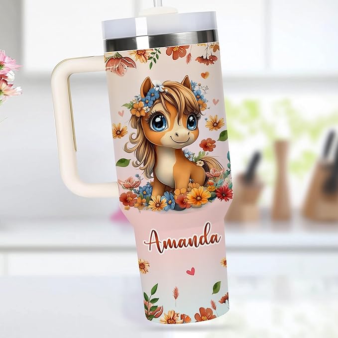 AGGLOMEKC Personalized Cute Horse Cup - Mother's Day Birthday Gift For Animal Lovers - Just A Girl Who Loves Horse Tumbler 40oz With Custom Name - Pet Lover Gifts For Women, Her