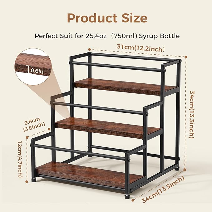 Coffee Syrup Rack Organizer, 3-Tier 12 Syrup Bottles Holder Stand for Coffee Bar, Liquor Bottle Display Shelf Bar Shelf Stand Countertop Rack for Syrup, Wine, Spice