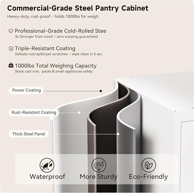 71" White Kitchen Pantry Cabinet,4-Tier Tall Metal Storage Cabinet with Drawer,Freestanding Display Steel Cupboard for Dining Room,Living Room,Hallway,Bathroom
