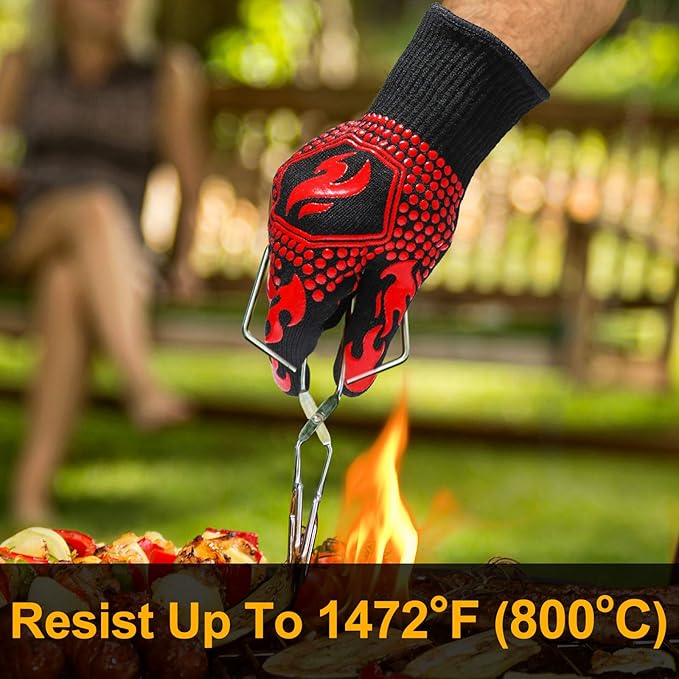QUWIN BBQ Gloves, BBQ Accessories 1472??Extreme Heat Resistant, Grilling Gloves Silicone Non-Slip Oven Mitts, Kitchen Gloves for BBQ, Grilling, Cooking, Baking-1 Pair??(One Size Fits Most, Red)