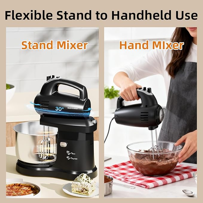 Stand Mixer Hand Mixer Electric Kitchen - 3.2 QT Auto-Rotating Bowl & Beater Small Standing Mixer, 5-Speed Tilt-Head Household Mixer with Beaters& Dough Hooks for Baking, Black