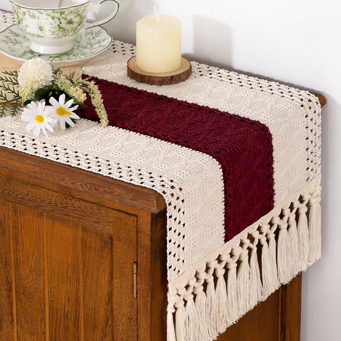 Socomi Boho Table Runner Valentine's Day Farmhouse Rustic Dining Kitchen Centerpiece Decor Small Macrame Woven Cotton Linen Coffee Table Runner for Dresser Scarf Home Decor 12x60 in Burgundy Ivory