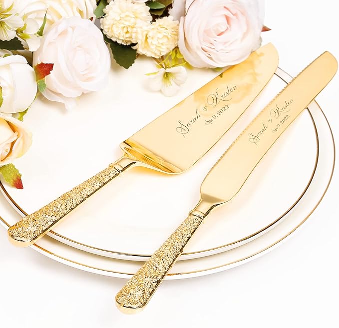 Wedding Cake Knife and Server Set, Personalized Gold Cake Cutting Set for Wedding, Engraved Classic Cake Knives Cutter Set, Pie Server, Birthday Bridal Quincea챰era Gift (CUS-Flower)