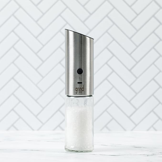Grind Gourmet Automatic Electric Salt or Pepper Grinder Mill, Gravity Activated Pepper Grinder, Battery Operated with LED Light, Adjustable Coarseness, Home & Kitchen Small Appliance, Cooking Tool