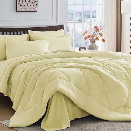 HEVUMYI Cream Yellow Cali-King Comforter Set - 7-Piece All Season Bed in a Bag Cali-King, Ultra Soft Bedding Set with Comforter, Flat Sheet, Fitted Sheet, Pillowcases, Pillow Shams