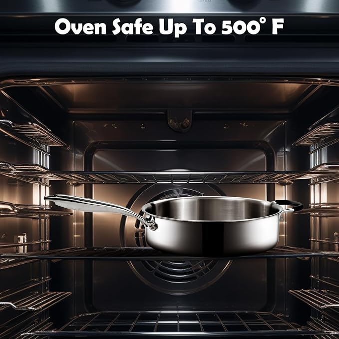 Tri-Ply Stainless Steel Saute Pan with Lid, 5 Quart Deep Saut챕 Pan with Stay Cool Handle,11.5 Inch Frying Pan,Dishwasher and Oven Safe,Induction Stainless Steel Cookware