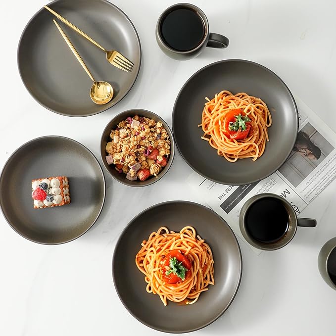 Stoneware Dinnerware Set for 4 Person,12 Pieces Ceramic Plates and Bowls Sets Matte Black Modern Dish Set for Kitchen Dinner,Scratch Resistant,Microwave and Dishwasher Safe,Round