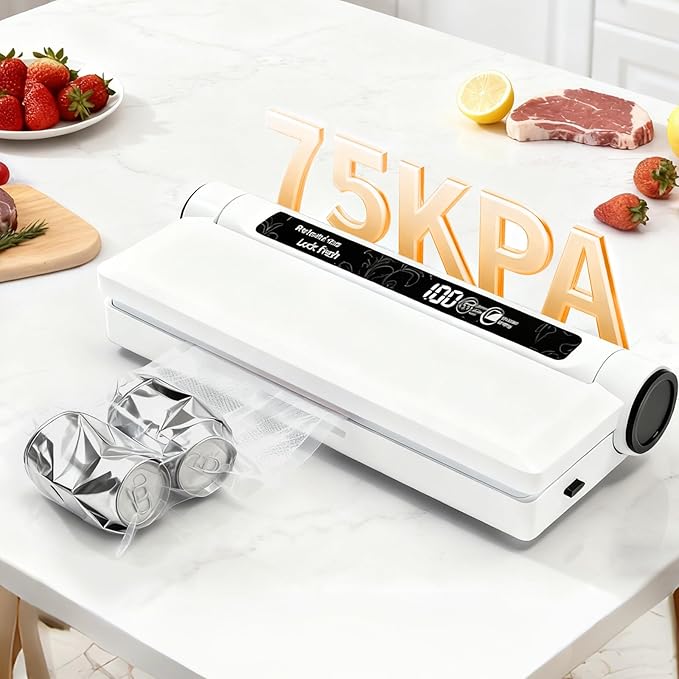 75 kPa Food Vacuum Sealer, Powerful Suction, Dry/Wet Modes for All Food Needs, Low-Temperature Slow Cooking, Countdown Timer, Lightweight and Portable, Includes 20 Sealing Bags, Ideal for Home Use