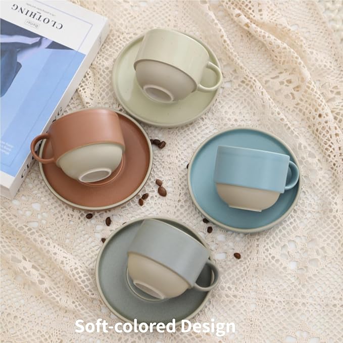 Stackable 8oz Minimalist Handmade Ceramic Cappuccino Cup with Saucer ??Small Stoneware Coffee Mug, Lead-Free Latte Art Mug竊똇andmade Pottery tea mug or tea cup (Matte Gray)