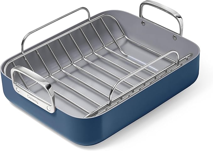 Caraway Roasting Pan - 16x13??Roasting Pan with Rack - Non-Stick Ceramic Coated - Non Toxic, PTFE & PFOA Free - Oven Safe & Compatible with All Stovetops - Navy