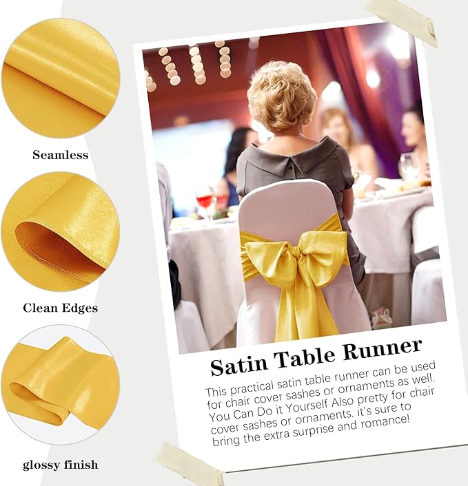 Yblut 10 Pack Satin Table Runner 12 x 108 Inch Long Gold Silk Table Runner for Wedding Party Banquet Birthday Decoration