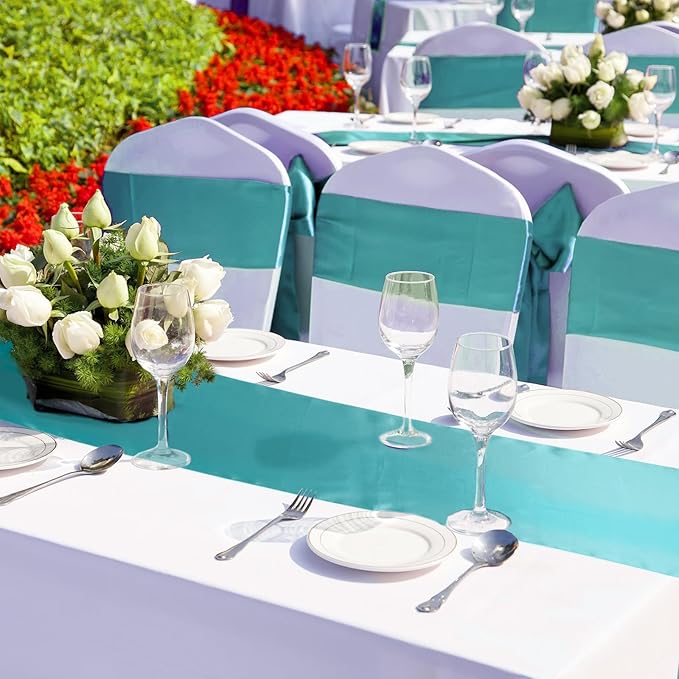 Bencailor 24 Pcs Light Blue Satin Table Runner Bulk 12 x 108 Inches Long Table Runners Bright Smooth Fabric Tablecloth for Wedding Banquet Birthday Valentines St Patrick's Day Party Decorations
