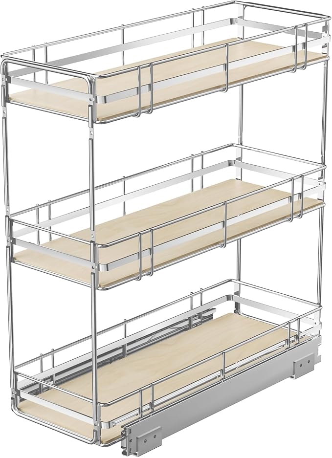 Pull Out Spice Rack Cabinet Organizer 9" W x 20쩍" D, 3 Tier Heavy Duty Slide Out Wood Shelf for Narrow Cabinet, Pull Out Storage for Kitchen